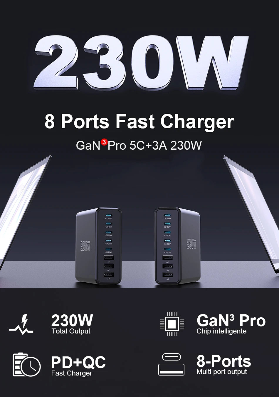 Ueetop 230W GaN USB C Charger Desktop Charging Station Multiple Port PPS PD 100W 65W 45W Fast Charge For Macbook iPhone Samsung