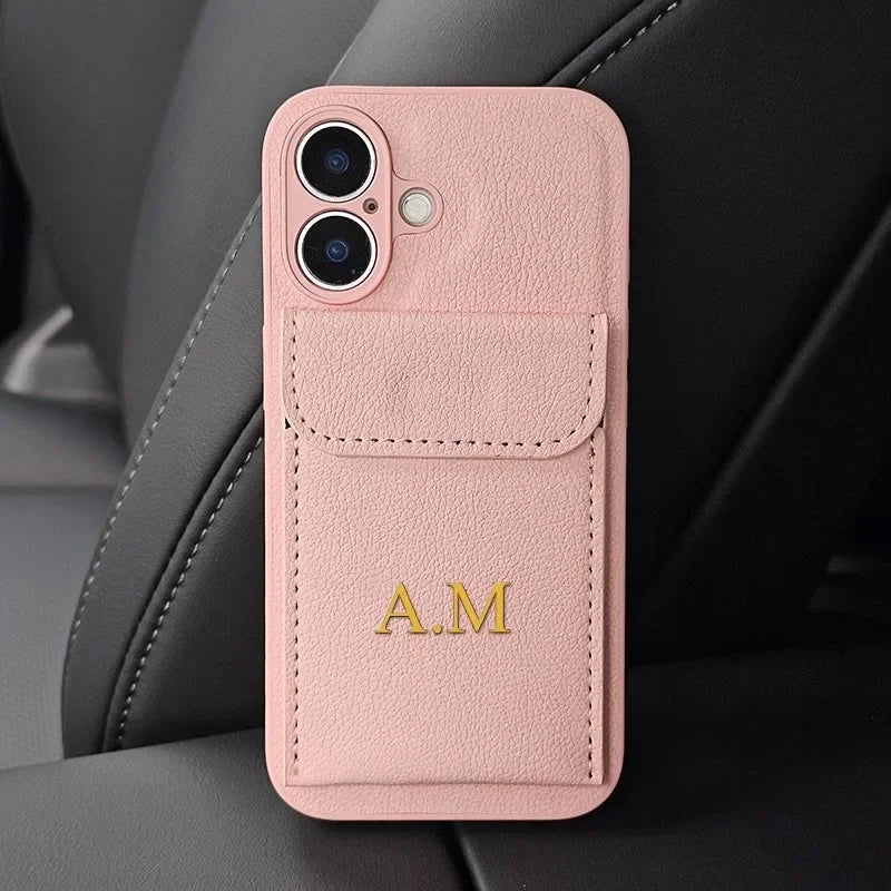 Personalised Customized Name DIY Case For iPhone 17 16 15 14 13 12 11 Pro Max Xs Max Air Luxury Leather Card Holder Cover Funda