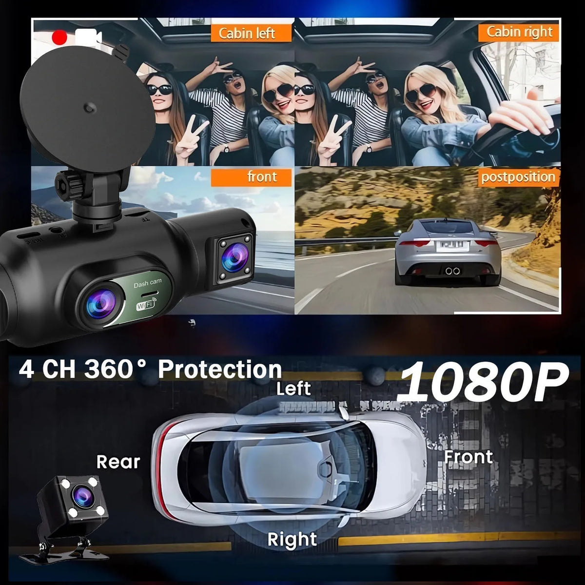 4Ch WiFi Dashcam car camera Black Box Driving DVR FHD 1080P Front Left Right Rear Night Vision Loop Recording Black Box