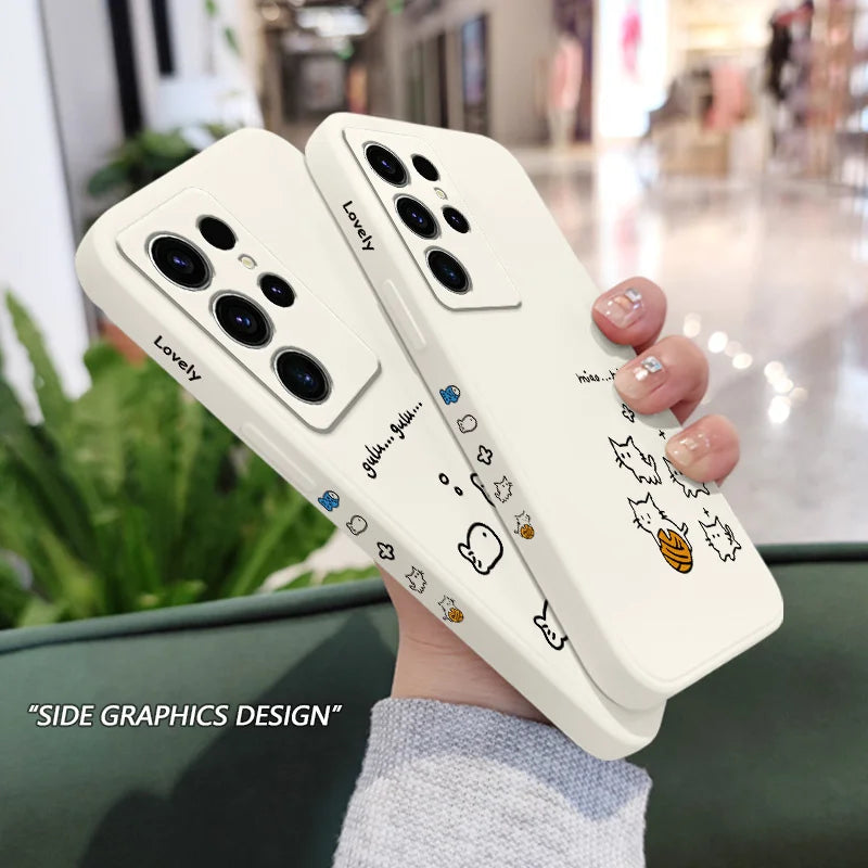 Cute Line Cat Phone Case For Samsung Galaxy S25 S24 S23 S22 S21 S20 S10 S10E Ultra Plus FE Note 20 Ultra 10 Plus Cover