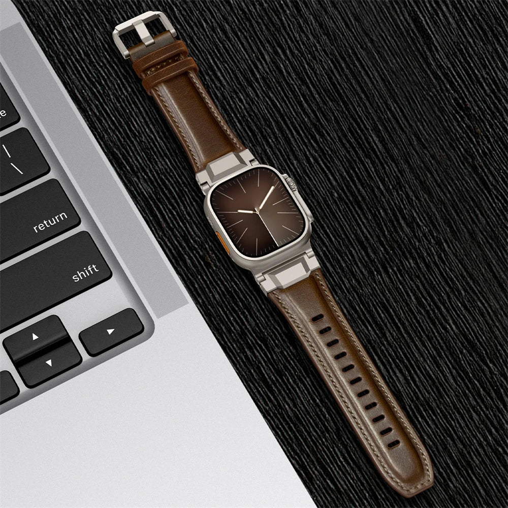 Genuine Leather bands For Apple watch ultra 3 2 49mm 44mm 45mm 46mm NEW Mecha Design bracelet iWatch series 11 10 9 8 7 6 5 SE