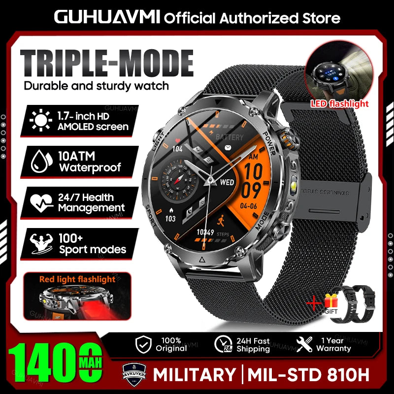 2026 New TANK Ultra 1400mAh Battery Military Smart Watch 10ATM Waterproof Heart Rate Tactical LED Flashlight Men Sports Bracelet