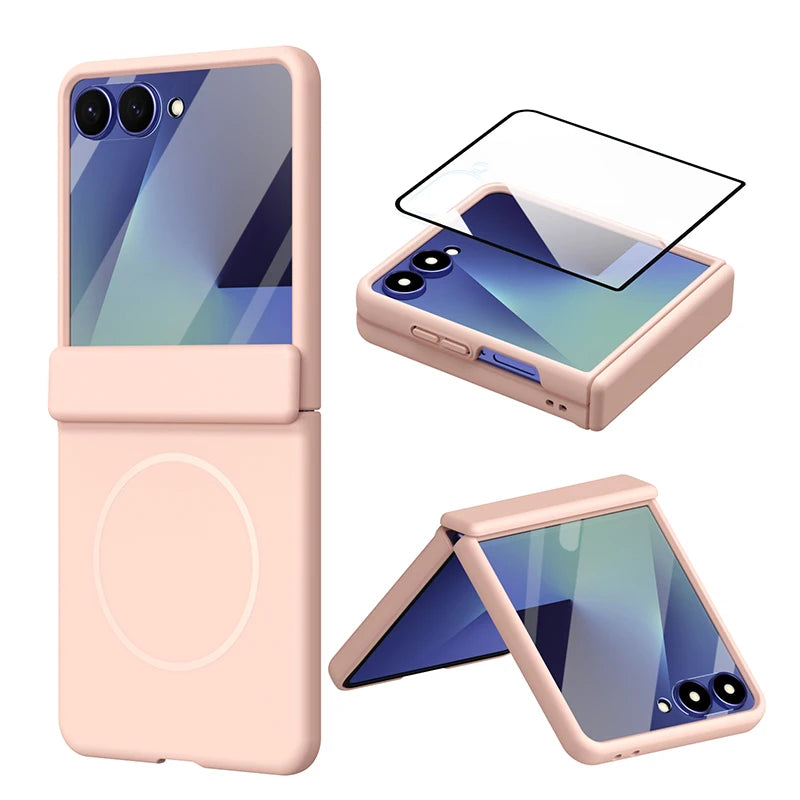 Hinge Protection Phone Case For Samsung Galaxy Z Flip 8 7 6 5 4 3 Magnetic Wireless Charging Case With Built-in Glass Film