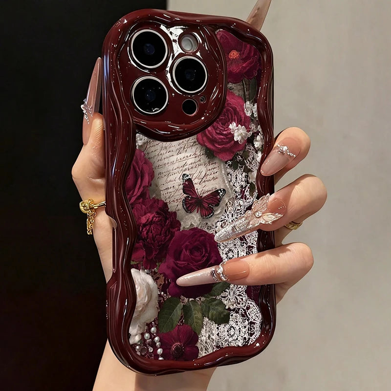Butterfly Painted Flat Printing Wine Red Cream Texture Soft Phone Case For iPhone 17 16 15 14 13 12 11 Pro Max 16 Plus 17e Cover