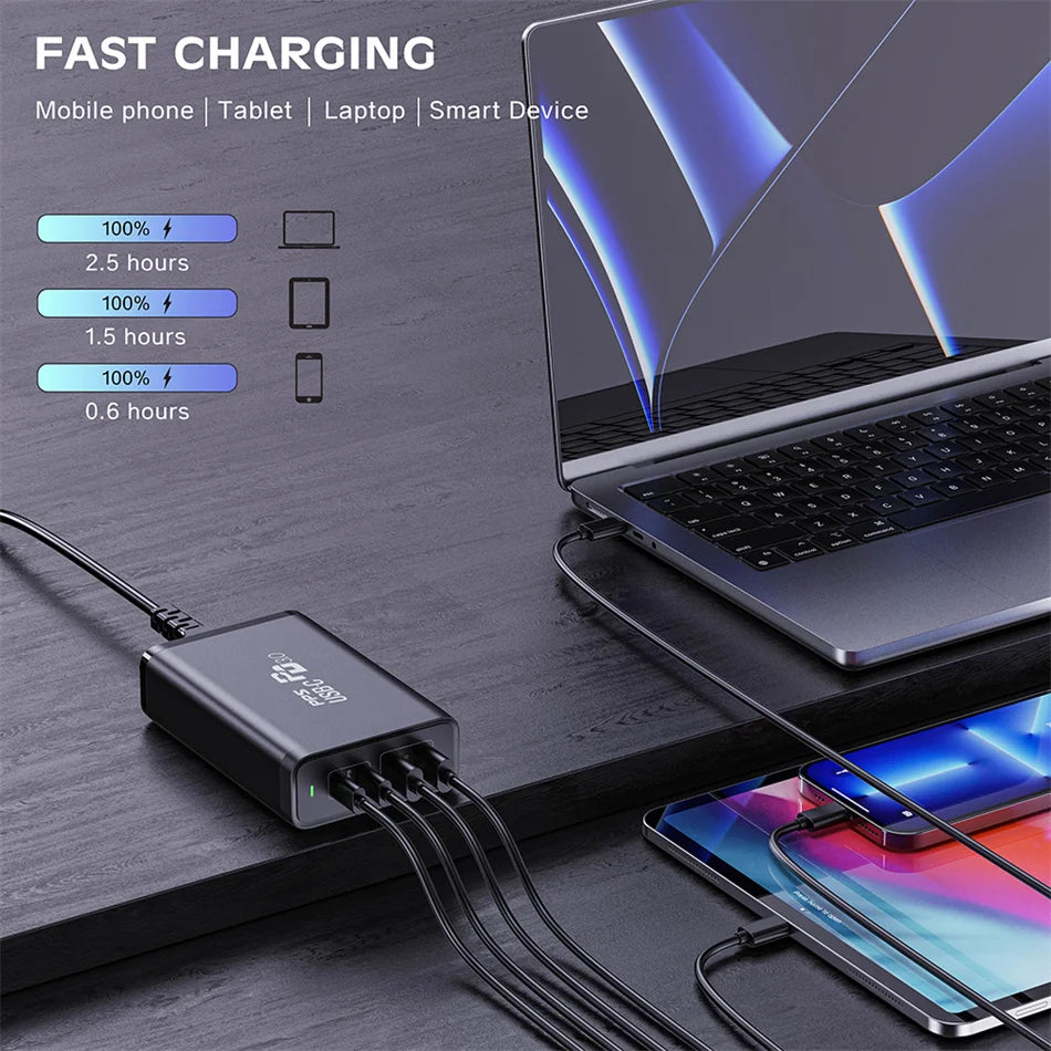 245W USB C Power Adapter 4 Ports GaN Desktop Charging Station PD100W PPS45W Fast Charger for MacBook iPhone 15 Samsung S23 Ultra