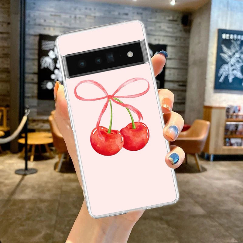 Cute Cherry Bow Phone Case For Google Pixel 9 8 7 6 Pro XL 8A 7A 6A 5 4 5A 4A 3A XL 5G soft Silicone Clear TPU Cover