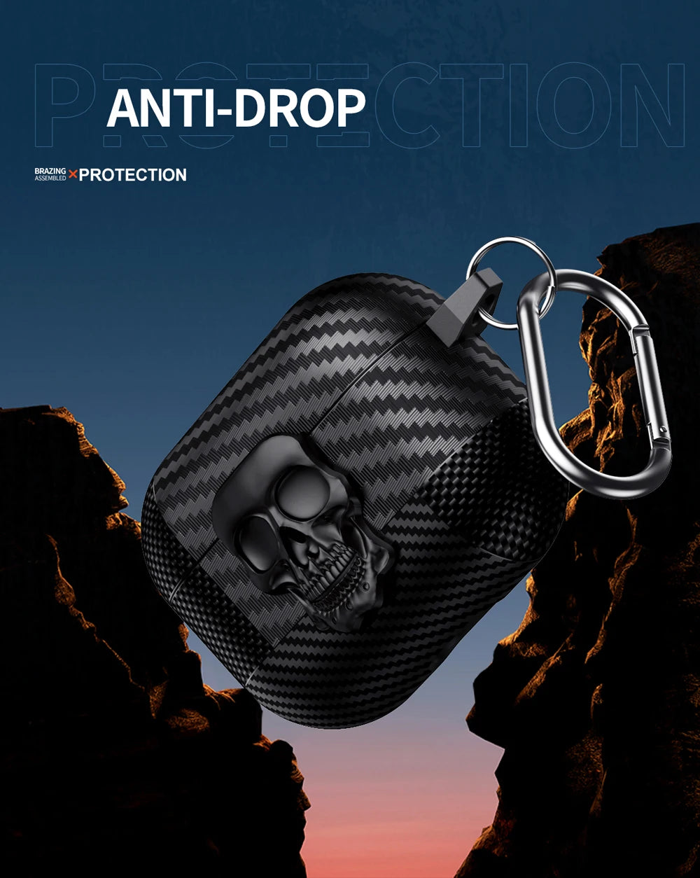 New Earphone Protector Case For Airpods Pro 2 3 4 ANC Cover With Carabiner Rotating Skull Secure Lock Clip Headphone Cases Funda