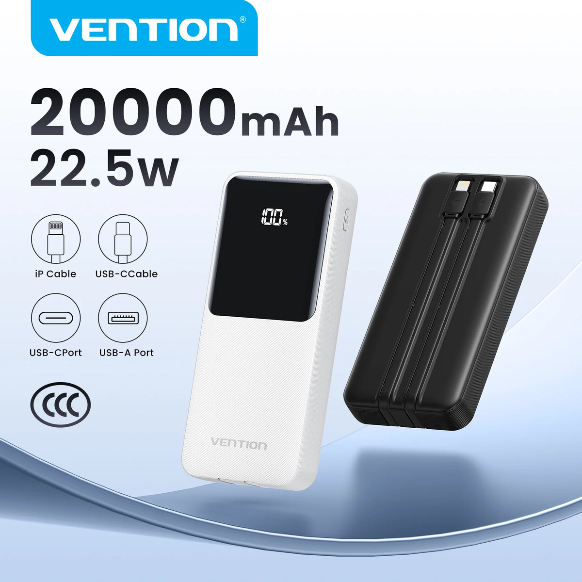 Vention 3C Certified 20000mAh 22.5w Power Bank Built-in USB-C Lightning Cable Portable Fast Charger Spare Battery CCC Powerbank