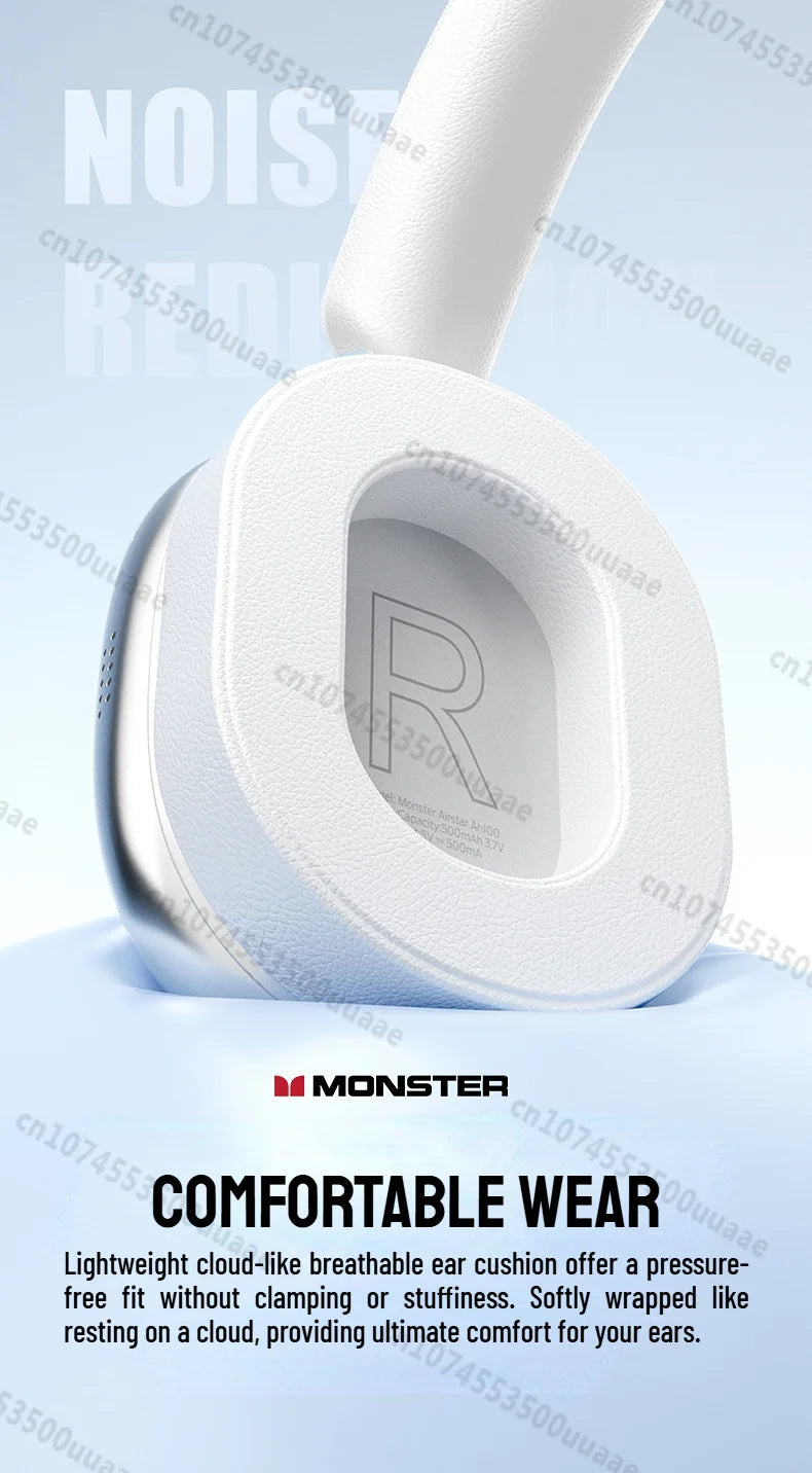 Monster AH100 ANC Bluetooth 6.0 Over-Ear Headphones with 45dB Active Noise Cancellation Hifi Stereo Overear Wireless Earphones