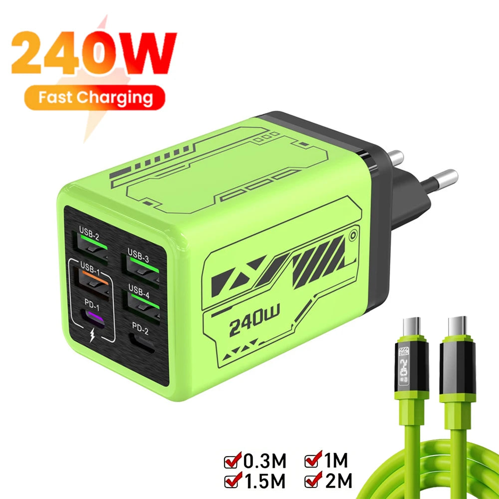 6 in 1 240W Type C Charger PD Fast Charging Phone Power Adapter For iPhone Samsung Xiaomi EU/US Plug Quick Charge Wall Charger