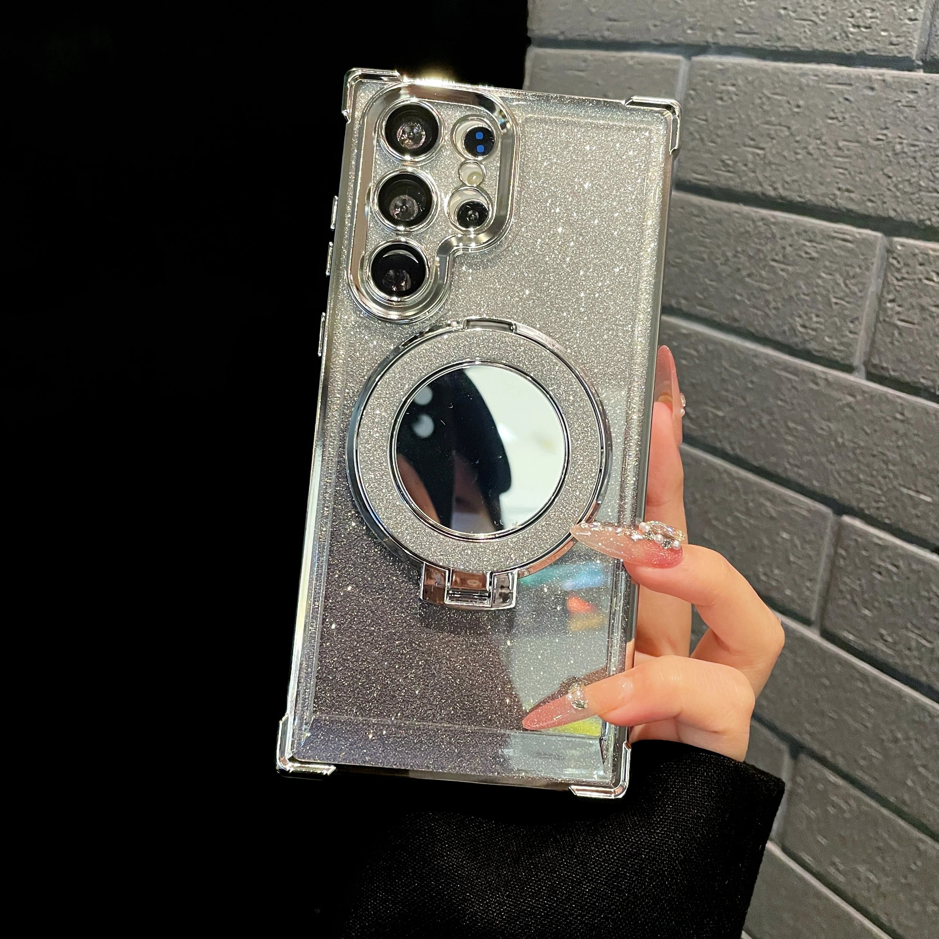 Glitter Magnetic Mirror Stand Holder Case For Samsung S24 S23 S22 S21 S20 Note 20 10 Ultra Plus FE For Magsafe Shockproof Cover