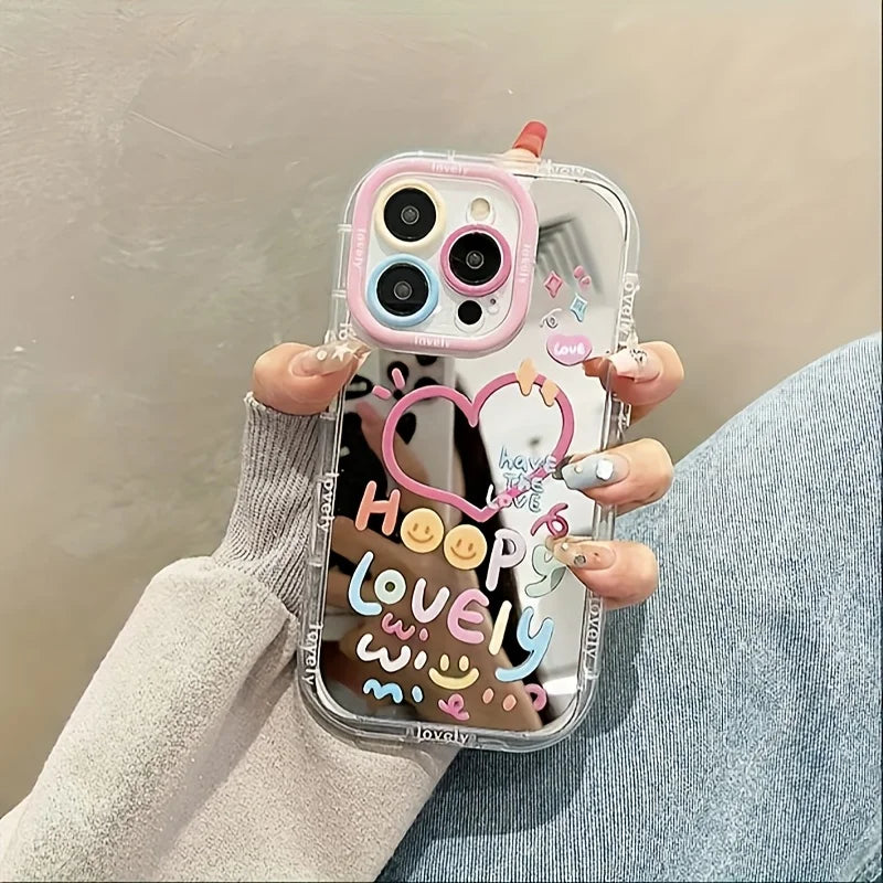 Cute Happy Lovely Heart Colorful Mirror Phone Case For iPhone 11 12 13 14 15 16 17 Pro Max 7 8 Plus X XS XR SE2 Shockproof Cover