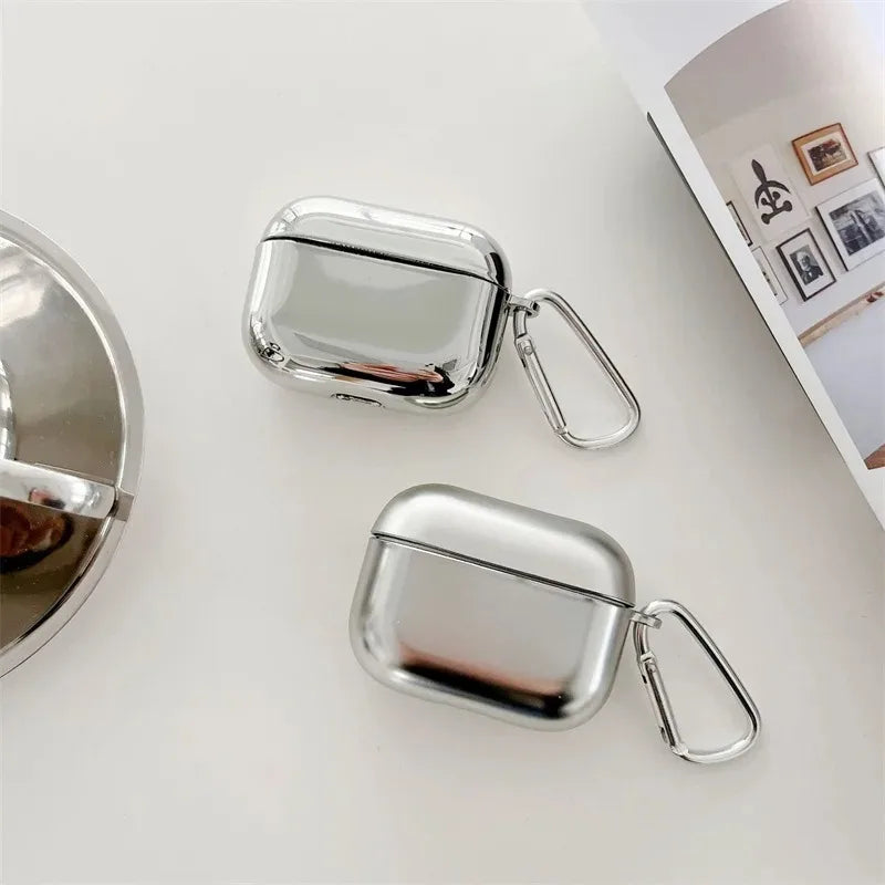 New For Apple Airpods Pro 3 1 2 3 4 Pro Pro2 Earphone Cover Protective Case Electroplated Mirror Simple Silver Case With hook