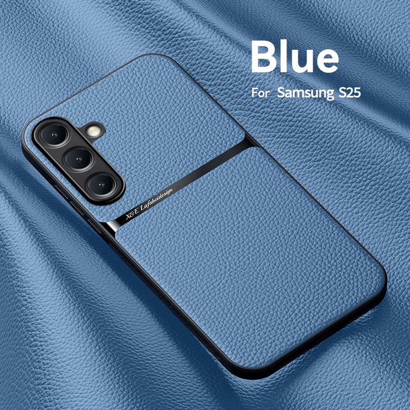 Back Leather Case Cover for Samsung Galaxy S25 S24 S23 Ultra Plus S25FE S24FE Car Holder Magnetic Leather Case Cellphone Coques