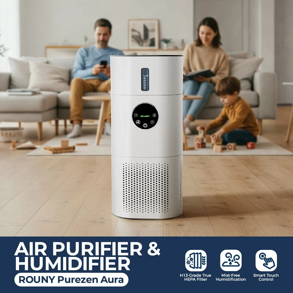 2-in-1 Air Purifier with Humidifier Combo for Home Allergies and Pets Hair, Smokers in Bedroom, H13 True HEPA Filter，White