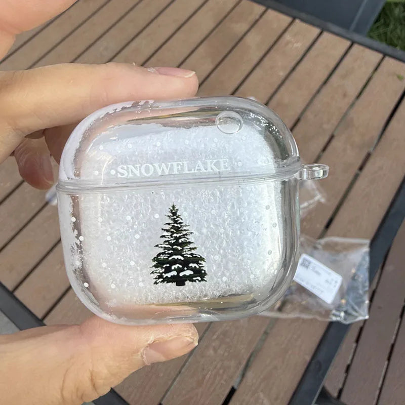Snow Globe Christmas Tree Case for AirPods3/4/Pro, Soft Silicone Shockproof Cover with Keychain, Glitter Liquid Snowflake Design
