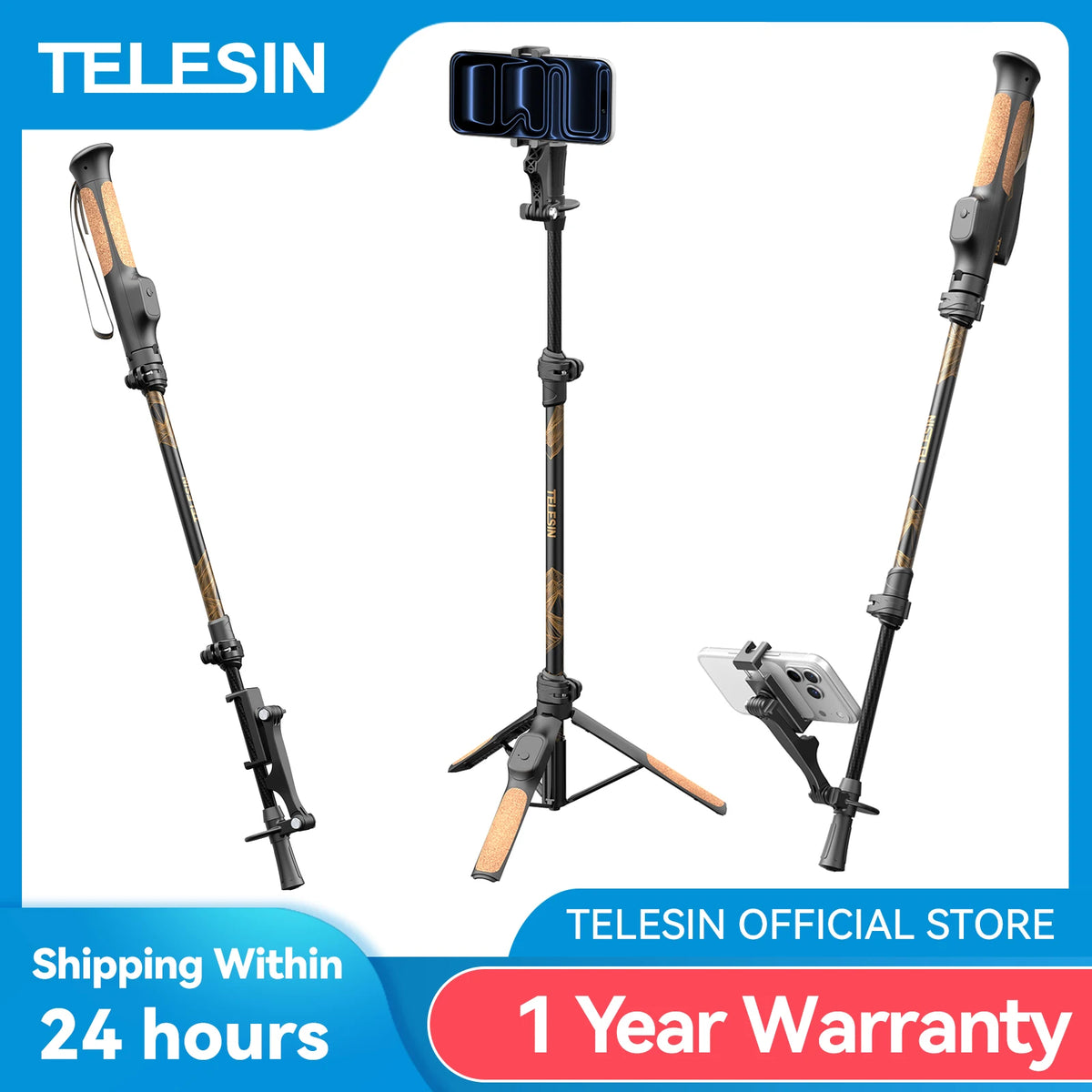 TELESIN Trekshot Hiking Pole Selfie Stick Carbon Fiber Remote Control Selfie Stick Tripod Stand for Smart Phone Action Camera