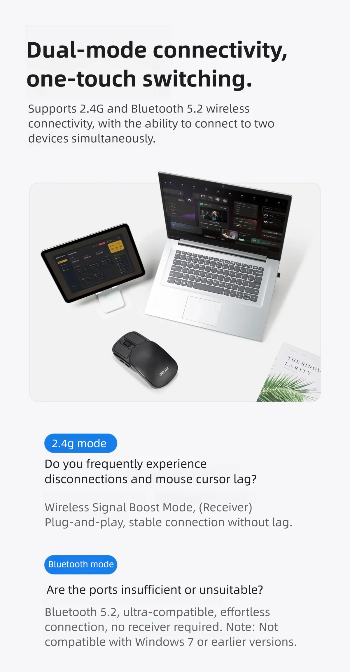 Delux Pocket Folding Mouse Wireless 2.4G Bluetooth5.2 Silent Click Portable Ultra-light 55g for MacBook Tablet Computer PC Mice