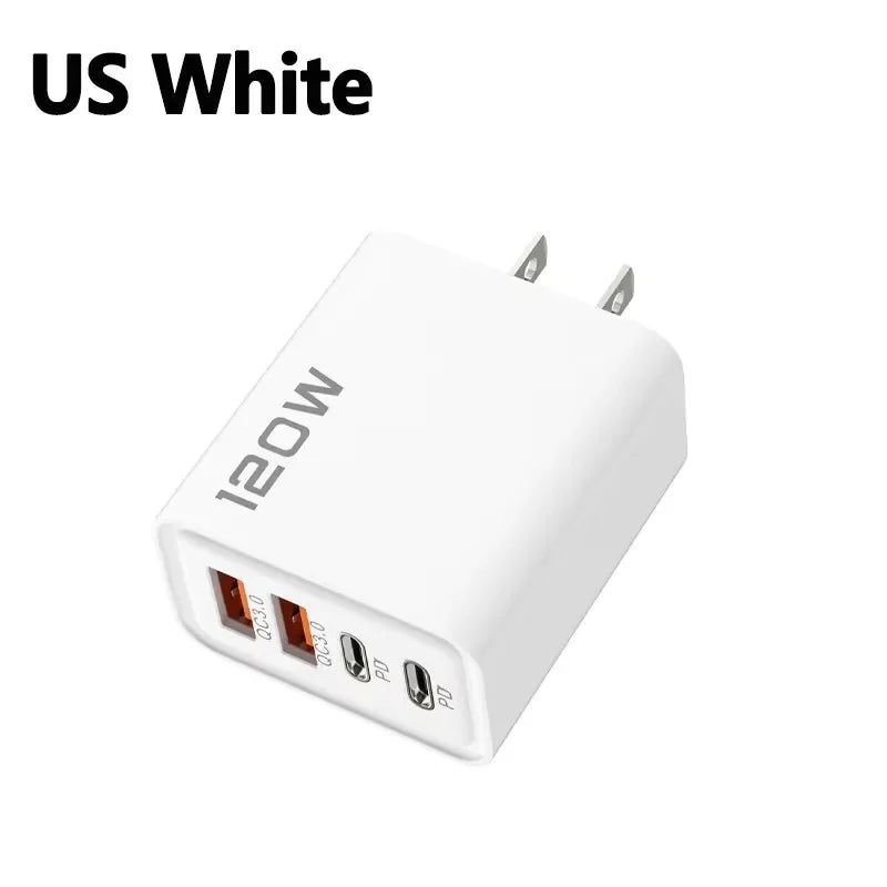 120W 4-Ports USB Type-C Charger Fast Charging Data Cable USB Phone Charger Adapter For Xiaomi IPhone17 16 15 Huawei Wall Charger