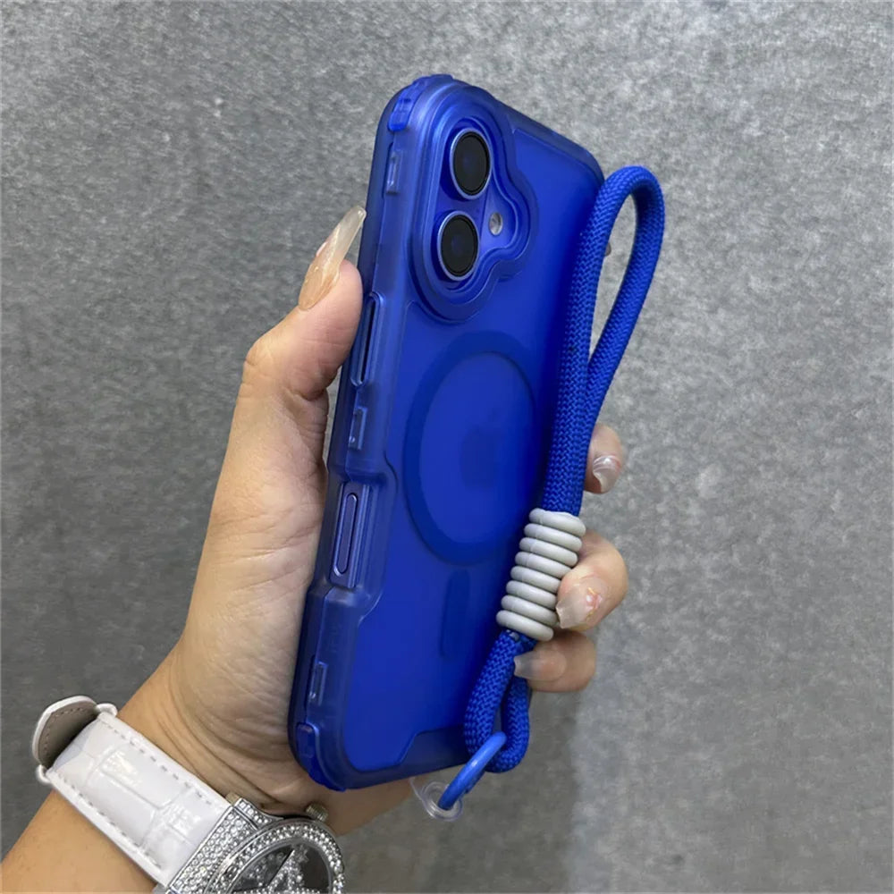 Luxury Armour Matte For Magsafe Phone Case For iPhone 17 11 14 12 13 15 16Pro Max Colourful Wrist Strap Lanyard Shockproof Cover