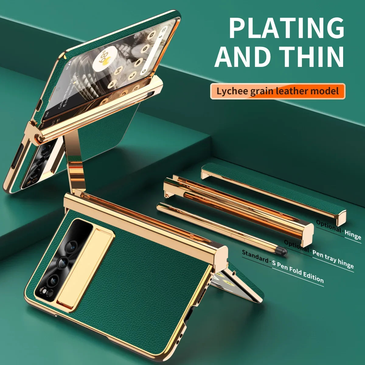 Phone case For Google Pixel Fold Plain Leather Plating Bracket Double Hinge with Pen Shell Film All-inclusive Protective Case