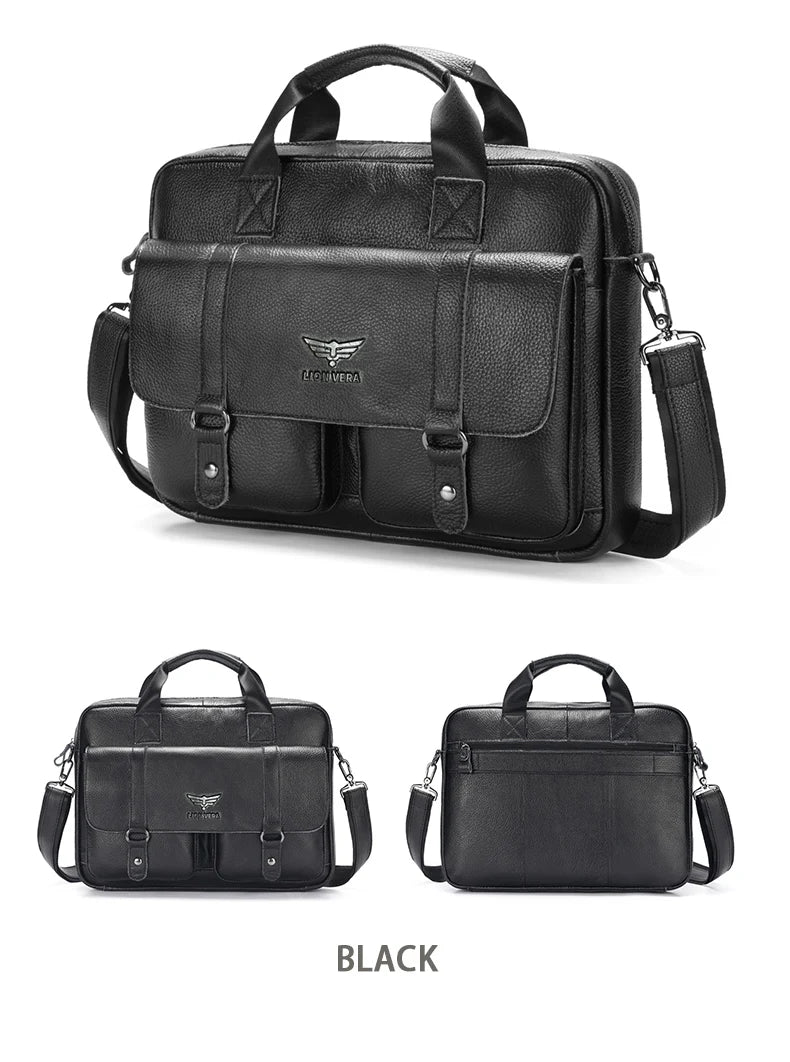 LION VERA Men's Genuine Leather Briefcase Business Casual Commuting Bag Portable Crossbody Shoulder Bag 15.7-inch Laptop Bag