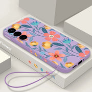 Colorful Flower Case For Samsung Galaxy S24 S23 S22 Ultra S21 FE S26 A56 A15 A35 A55 A52 A53 A54 5G S25 Silicone Lanyard Case