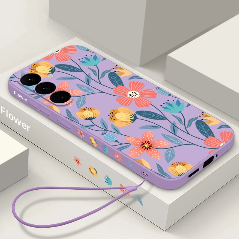 Colorful Flower Case For Samsung Galaxy S24 S23 S22 Ultra S21 FE S26 A56 A15 A35 A55 A52 A53 A54 5G S25 Silicone Lanyard Case