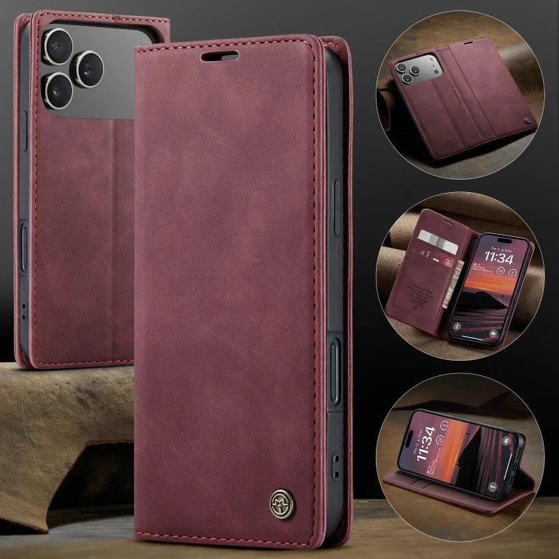 CaseMe Retro Magnetic Flip PU Leather Case for iPhone 17 Air 17 Pro 16 15 14 13 12 11 XS XR 8 7 6S 5 SE Wallet Cover Phone Coque