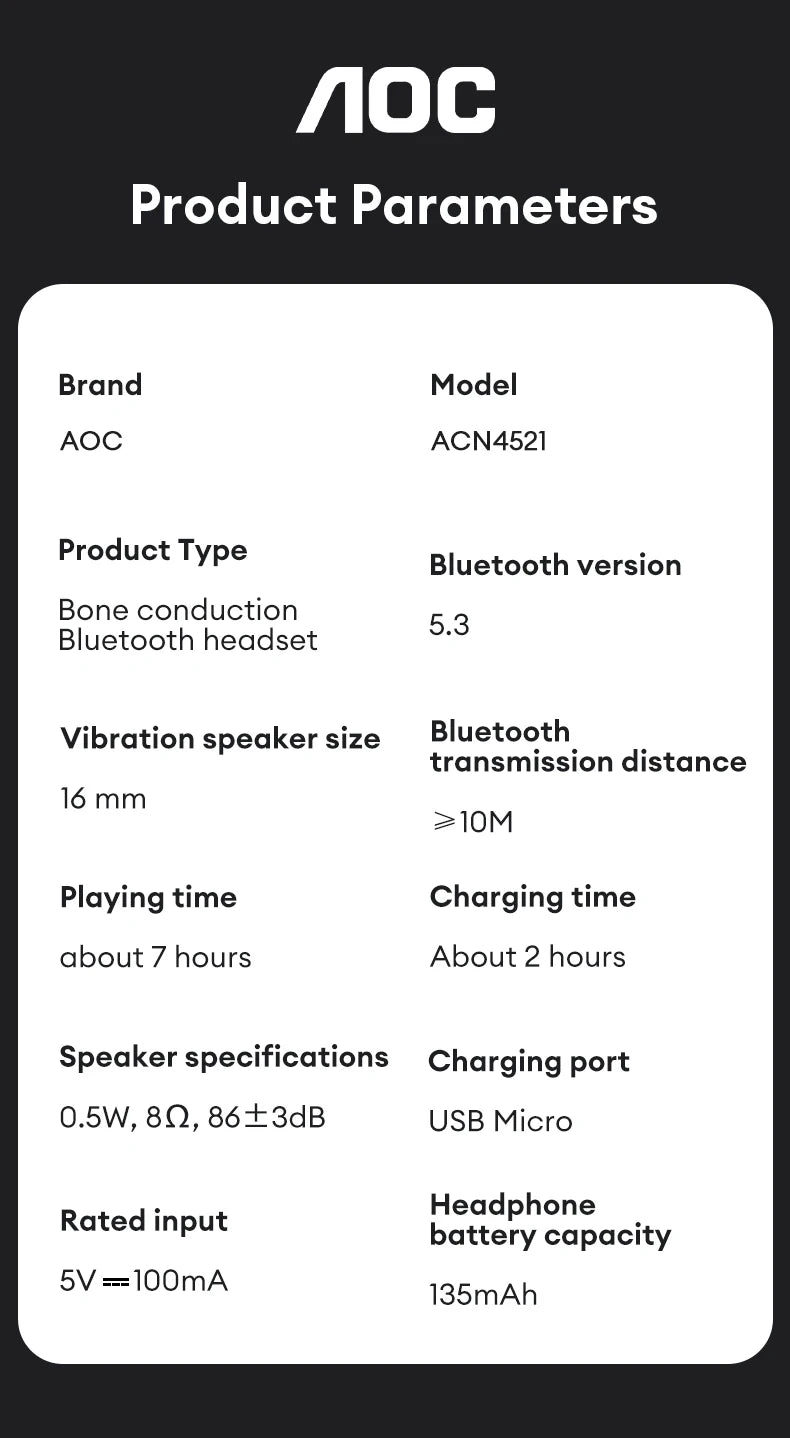 AOC ACN4521 Bone Conduction Wireless Headphone Ear Hook Cycling Sports OWS Earphones Waterproof Low Latency Bluetooth Headset