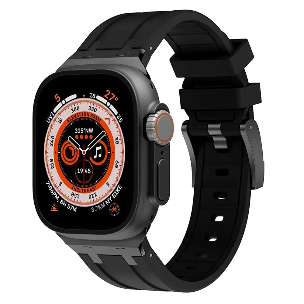 Titanium Color Metal Head Silicone Band for Apple Watch Ultra 2 49mm 45/44/42mm Rubber Strap for Iwatch Series 9 8 7 6 5 4 Se 3