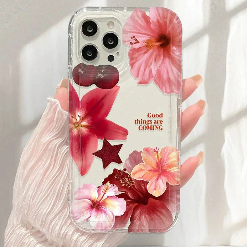 Cherry Flower Print Transparent Case For iPhone 17 16 Pro Max 15 14 13 11 12 16e Case Funda iPhone11 14 Plus X XR XS Case Cover