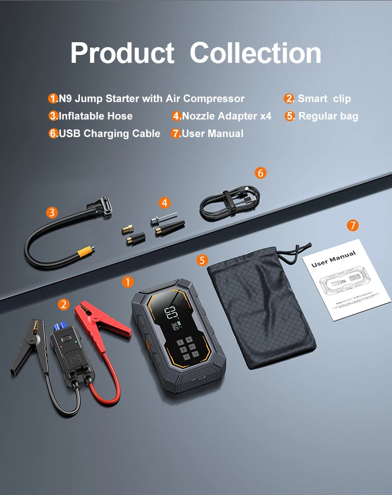 Vyvylabs Car Jump Starter with Air Compressor 150PSI Tire Inflator 4In 1 Emergency Battery Starter Power Bank LED Flashlight 12V