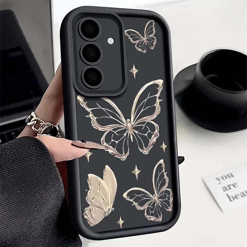 Gold Butterfly Print Case For Samsung Galaxy S26 S25 S23 Ultra S24 FE A57 A56 A17 A36 A26 A55 A16 A15 A35 A25 5G Soft TPU Cover