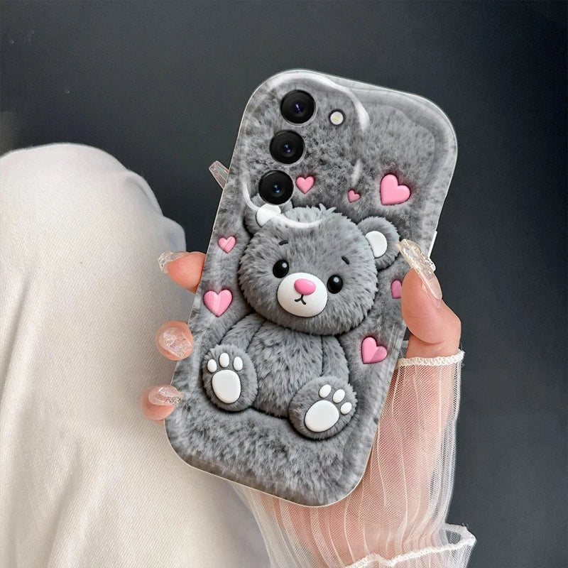 For Samsung Galaxy S26 S25 S24 Ultra S23 FE S22 S21 Plus A16 A26 A36 A56 A55 A54 Cartoon Grizzly Bear Pink Heart Printed Cover
