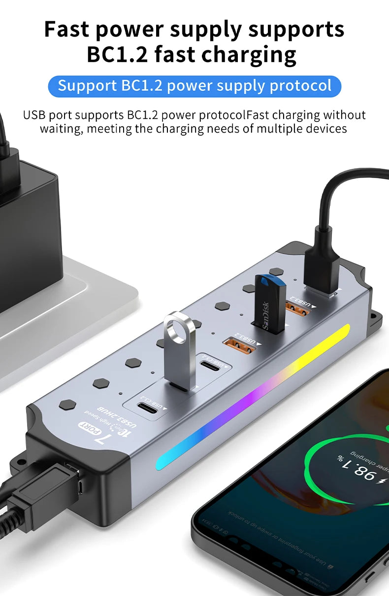 7Port USB 3.2 USB-C Hub 10Gbps USB-A USB-C Ports Splitter Individual Switches 12V US/EU Power Adapter Expander for Laptop PC