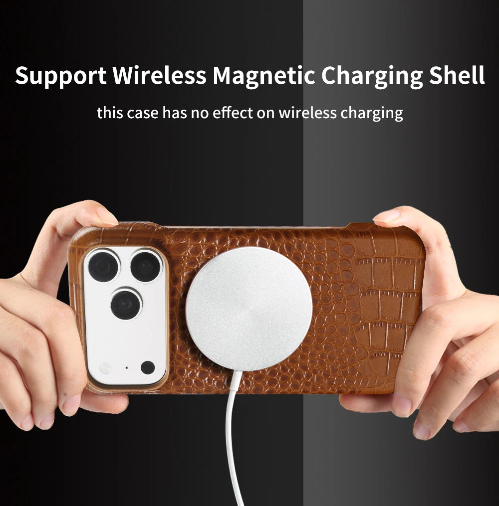 Real Leather Case Crocodile Pattern For iPhone 17 Pro max Air 16 pro 15 14 13 12 11 Luxury Wireless charging Protective Cover