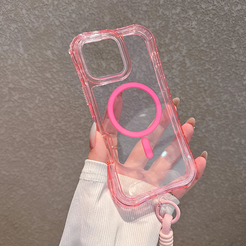 3IN1 Candy Color Clear Shockproof Phone Case for IPhone 17Air 16E 15 14 Plus 13 12 Pro Max Lanyard Magnetic Charge Protect Cover