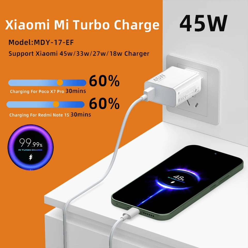 Oirginal XIAOMI 45W Charger Type C Turbo Charge Fast Charging Adapter Redmi Note 15 14 13 12 11 X Pro 10t Poco M7 X7 K40 Pad 6