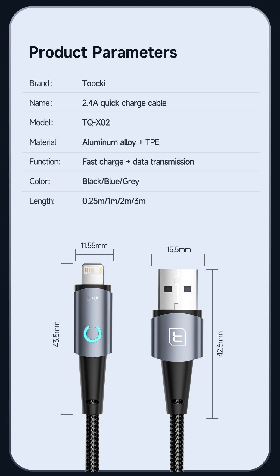 Toocki USB Lightning Cable for iPhone 14 13 12 11 Pro Max  8 7 Plus 2.4A Fast Charing Cable for iPhone Charer Cord Data Wire