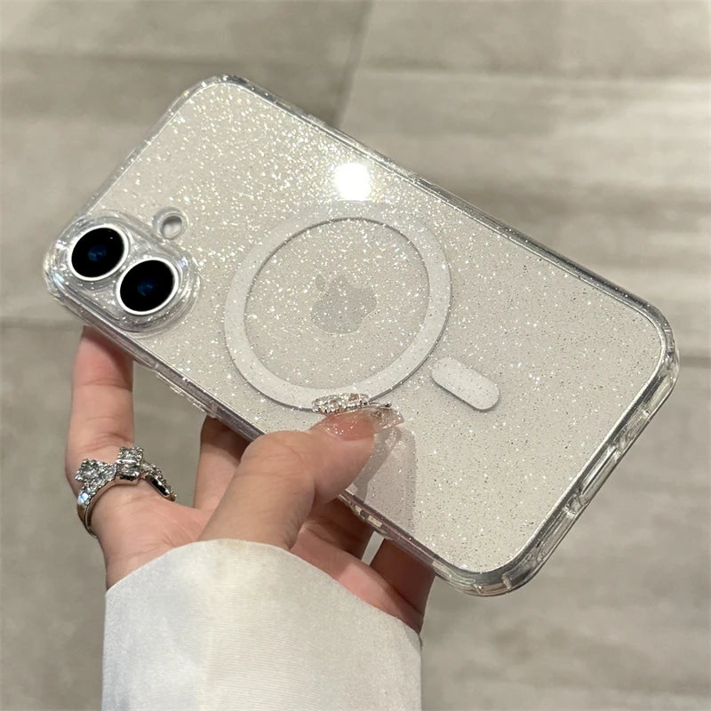 Luxury Glitter For Magsafe Transparent Case For iPhone 13 14 15 16 17 Pro Max Air Plus Magnetic Wireless Charge Soft Bling Cover