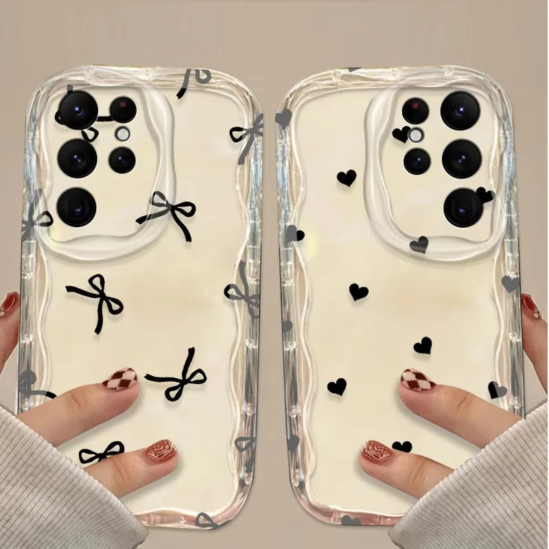 Black Bowknot Heart Phone Case for Samsung Galaxy S26 S25 S24 Ultra S23 S22 S21 S20 Plus FE A56 A55 A54 A35 A16 Silicone Cover