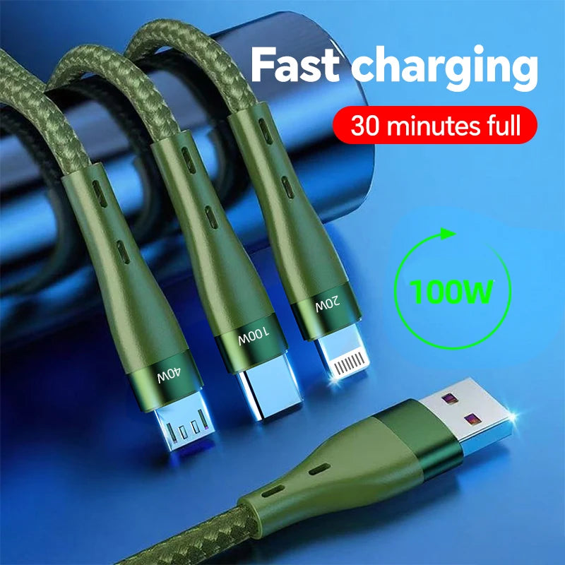 3 In 1 Fast Charging Cable 100W For Xiaomi iPhone Poco Micro USB Type C Charger Cable Cord Multiple Usb Charging Wire Line