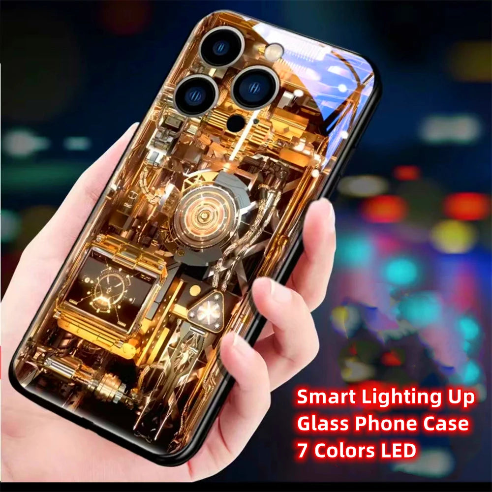 Cool PCB Structure Smart LED Light Glow Tempered Glass Phone Case For iPhone Air 17 E 16 E 15 14 13 12 11 Pro Max XS XR Plus