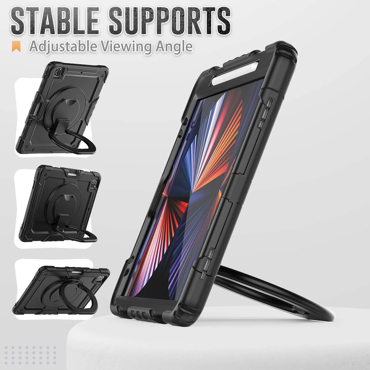 for iPad Pro 12.9'', Military Grade Shockproof Protective Silicone Cover 360 Folding Handle Grip + Handle Shoulder Strap