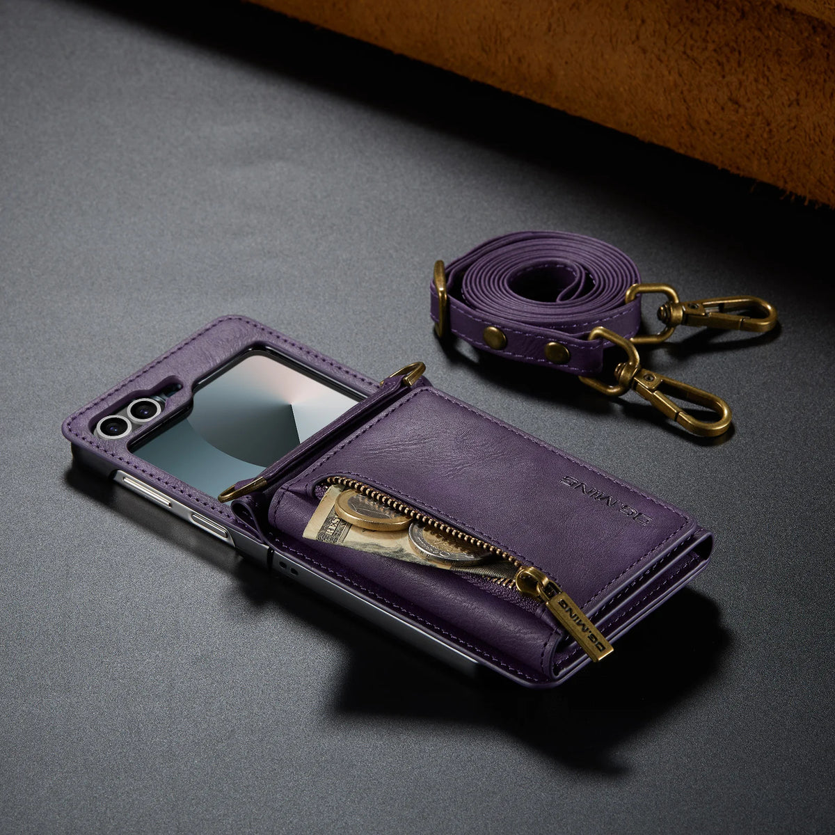 2 in 1 Luxury Leather Flip Phone Case For Samsung Galaxy Z Flip 8 7 6 5 4 3  Magnetic Wallet Card Solt Zipper Lanyard Cover ﻿