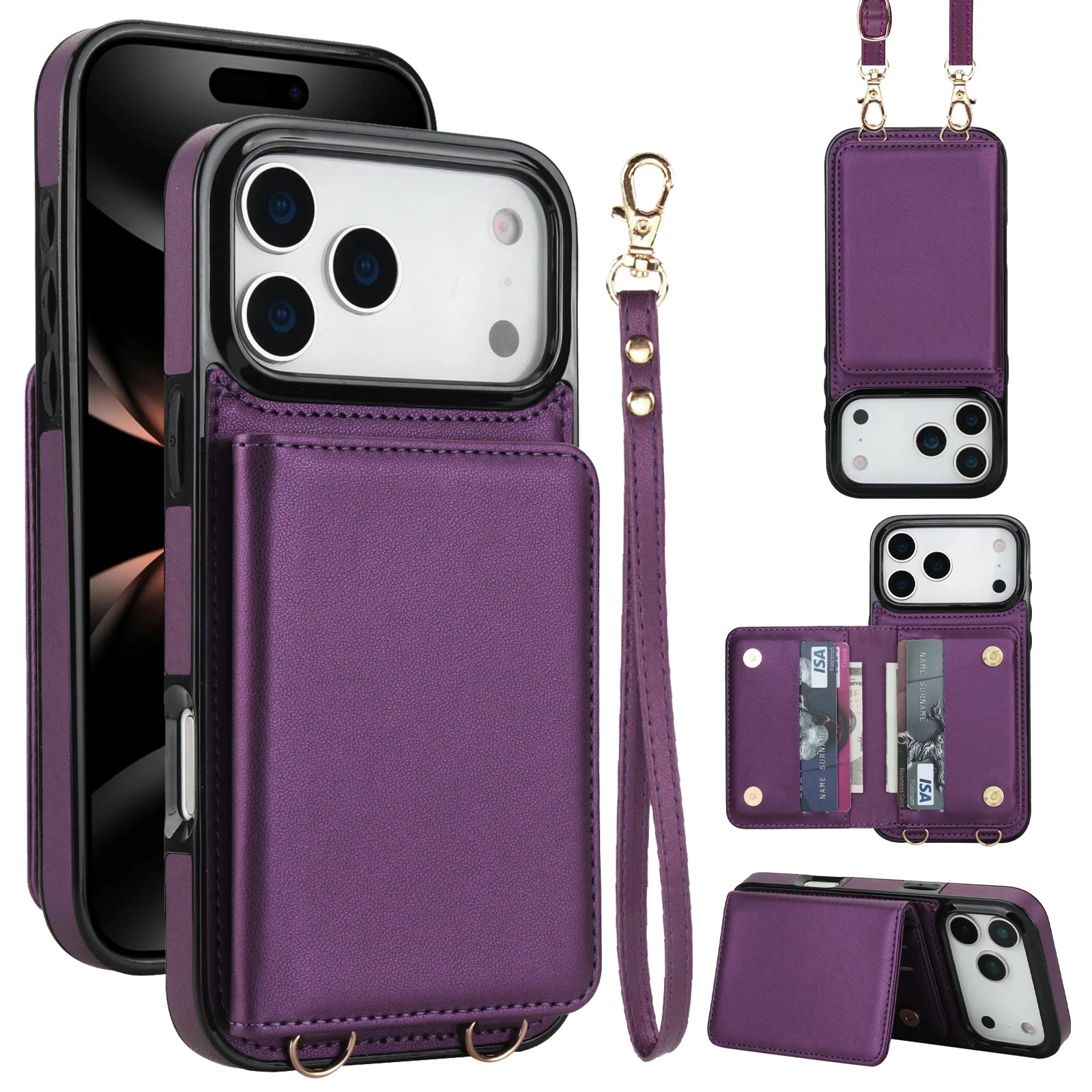 Crossbody Card Holder Wallet Leather Case For iPhone 17 Pro Max 16 Plus 15 Plus 14 13 12 11 Strap Pocket kickstand RFID Cover