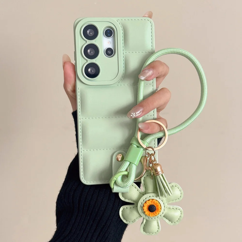 Soft Down Jacket Sunflower Case for Samsung Galaxy S26 S25 Ultra S24 S23 Plus S22 A55 A56 A16 A15 A35 Wrist Strap Lanyard Cover