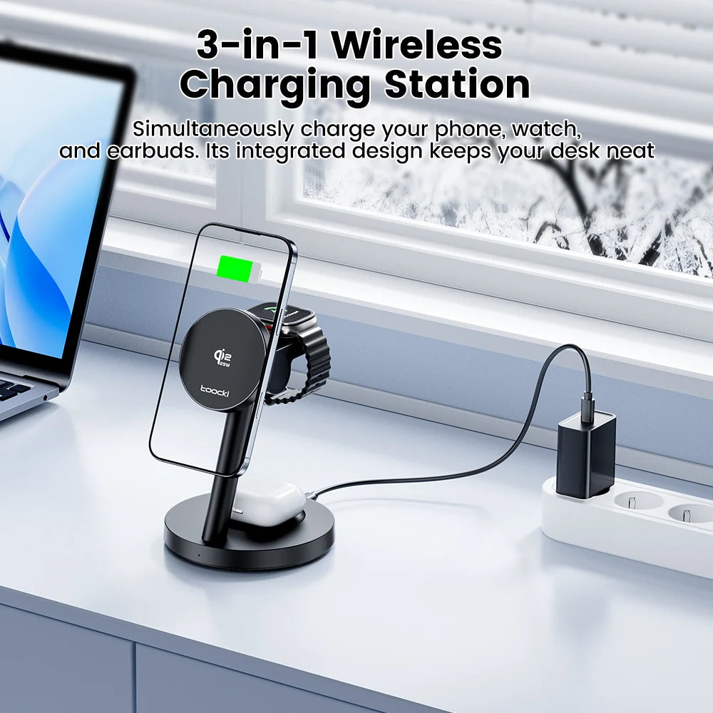 Toocki 3-in-1 Magnetic Wireless Charger 25W Qi2.2 Fast Charging Desktop Wireless Stand For iPhone 15 16 17 Apple Watch Earbuds