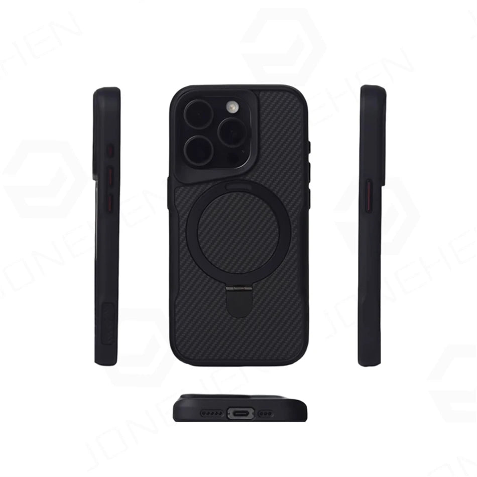 Luxury For Magsafe Shockproof Frame Armor Case For iPhone 13 15 12 14 16 17 Pro Max Metal Bracket Carbon Fiber Pattern Cover